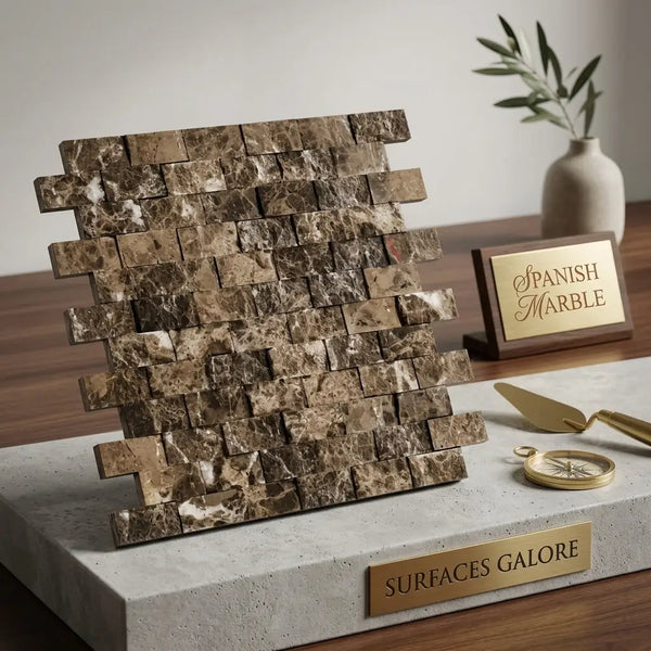 A stacked arrangement of Emperador dark marble 1x2 brick mosaic split-faced tiles in brown and beige with natural veining displayed on a concrete pedestal