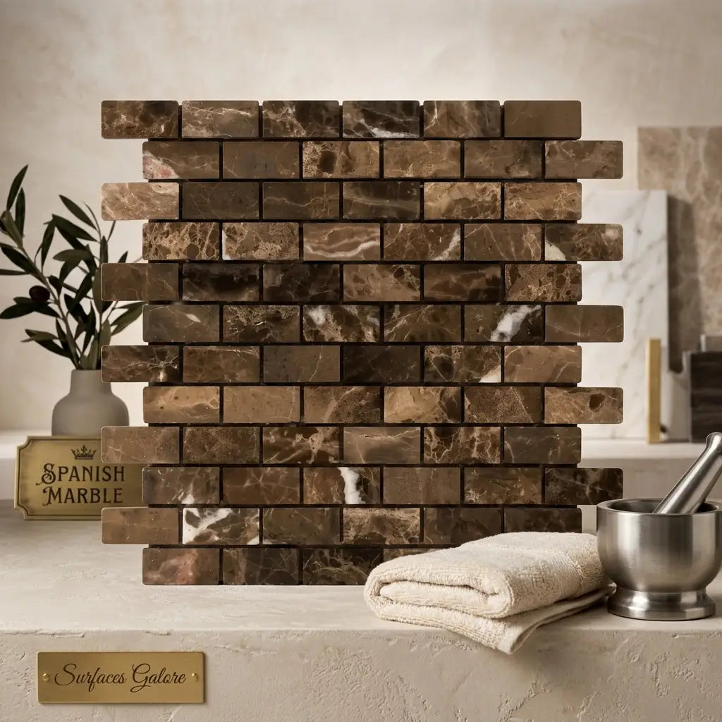 Emperador dark marble 1x2 brick mosaic wall panel with natural veining and polished brown spanish marble finish