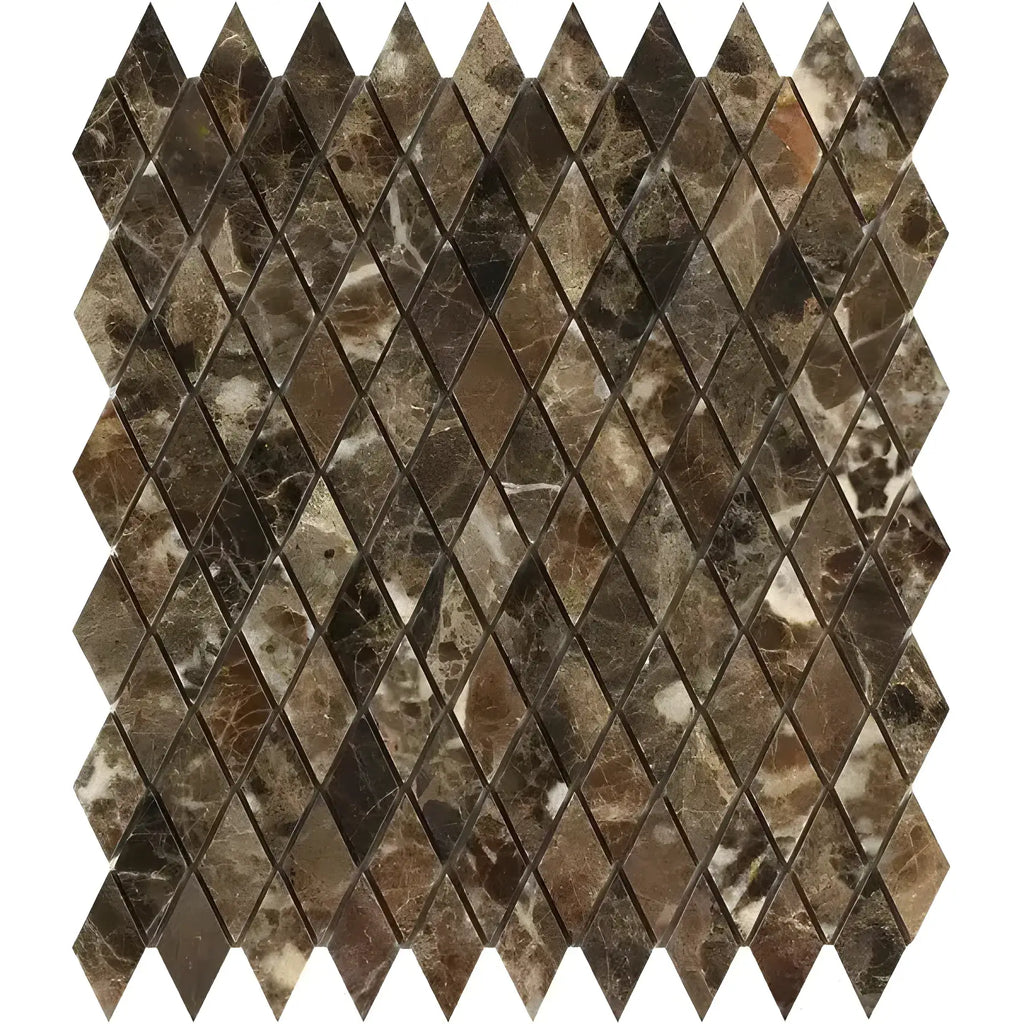 Diamond-patterned brown marble mosaic tile in Emperador Dark Marble design