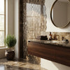 Dark brown wooden vanity with marble countertop and integrated sink featuring emperador dark marble 1x2 diamond mosaic
