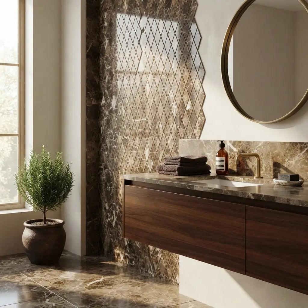 Dark brown wooden vanity with marble countertop and integrated sink featuring emperador dark marble 1x2 diamond mosaic