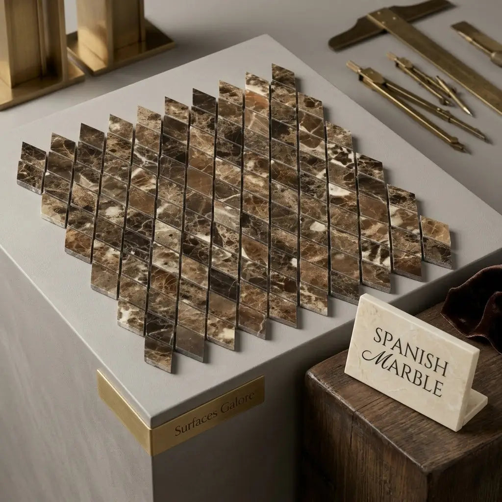 A diamond-shaped arrangement of polished emperador dark marble 1x2 mosaic tiles in brown and beige with natural veining