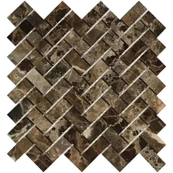 Brown Marble Herringbone Mosaic Tile in Emperador Dark Marble Polished Finish