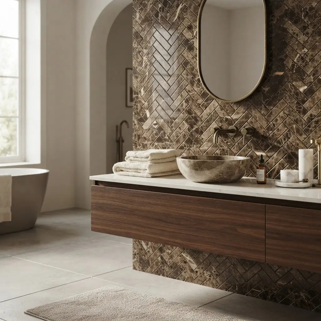 A sleek oval mirror with a brushed brass frame above a vanity featuring emperador dark marble 1x2 herringbone mosaic polished