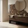 Dark brown emperador marble vanity with polished 1x3 herringbone mosaic backsplash and integrated sink
