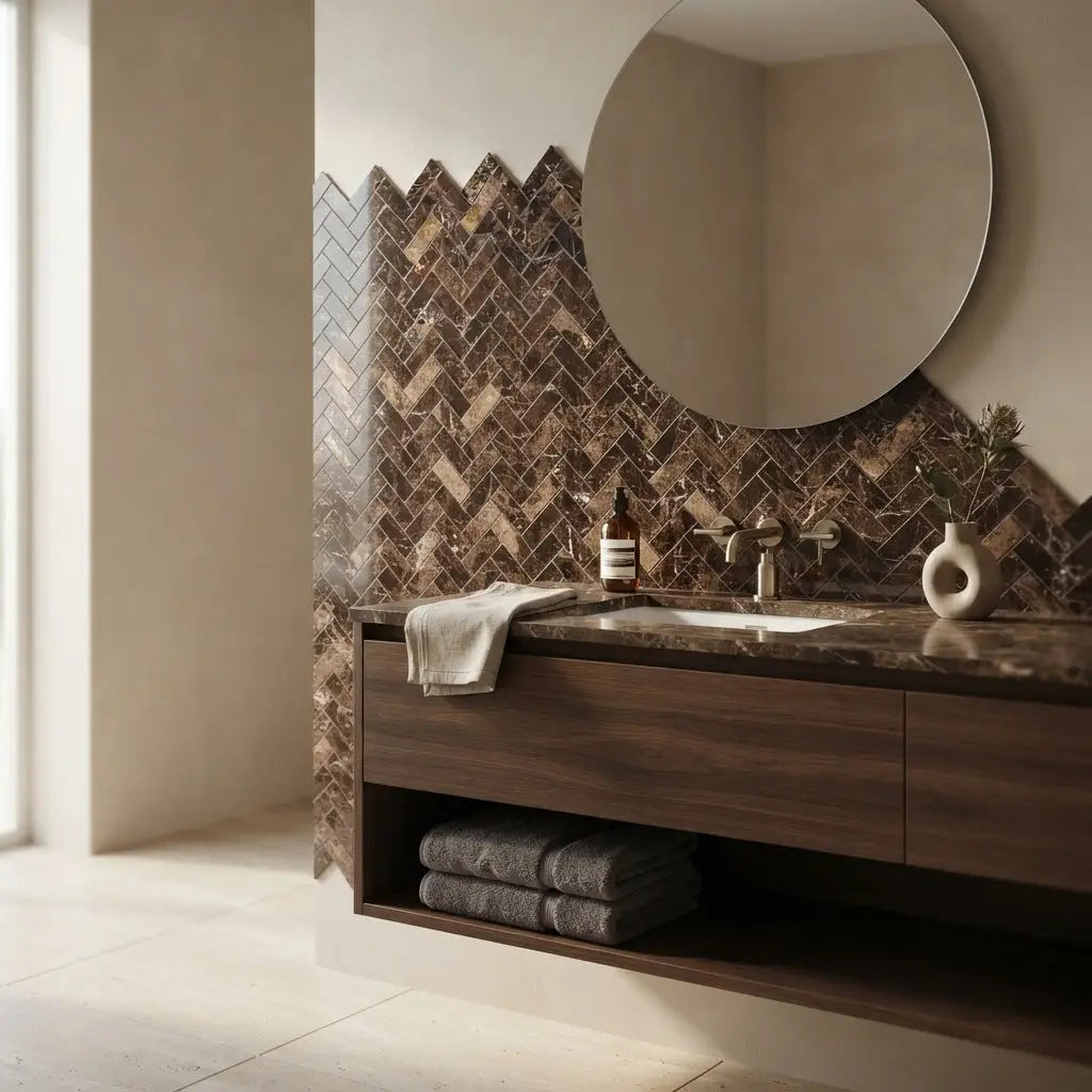 Dark brown emperador marble vanity with polished 1x3 herringbone mosaic backsplash and integrated sink