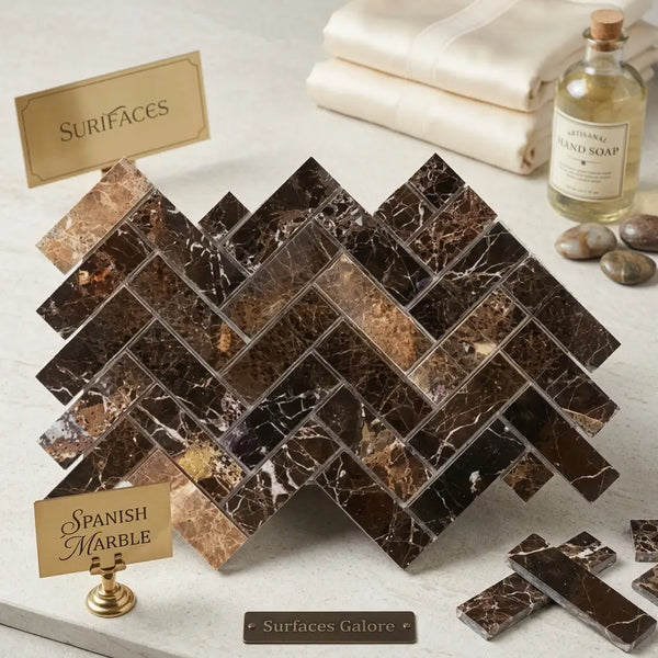 Emperador dark marble 1x3 herringbone mosaic polished tiles with dark brown color and golden veining in a herringbone pattern
