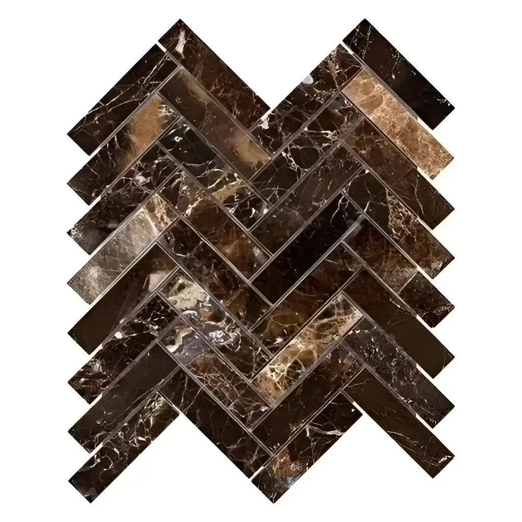 Brown marble herringbone tile showcasing Emperador Dark Marble 1X4 Mosaic Polished design