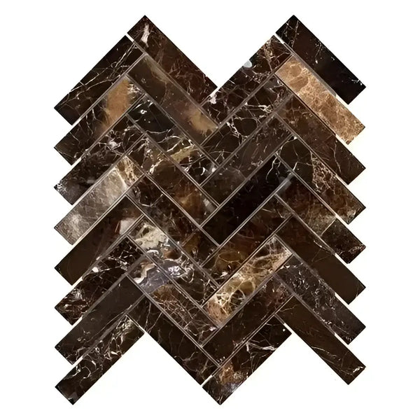 Brown marble herringbone tile showcasing Emperador Dark Marble 1X4 Mosaic Polished design