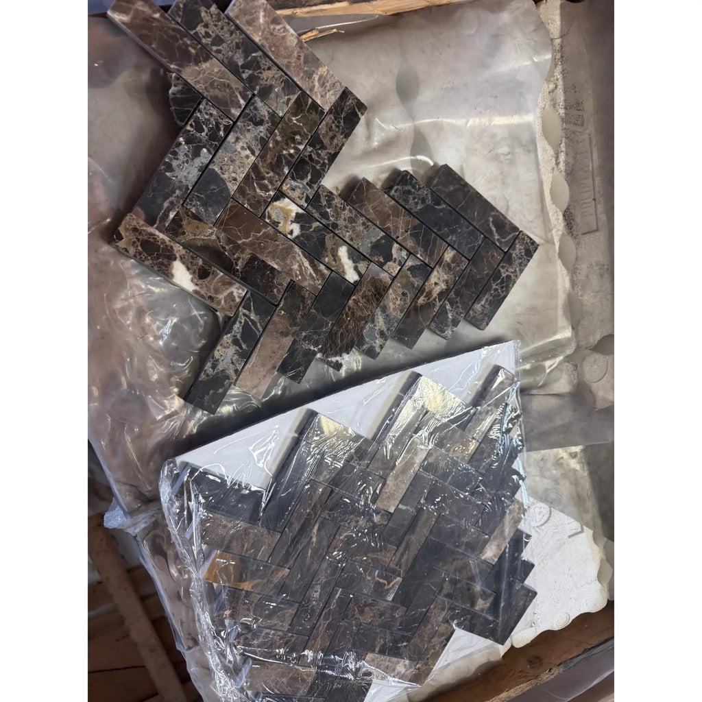 Emperador dark marble 1x4 herringbone mosaic polished tiles with dark brown marble and white gold veining