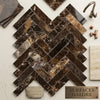 Emperador dark marble 1x4 herringbone mosaic polished dark brown spanish marble tiles with golden veining arranged in herringbone pattern