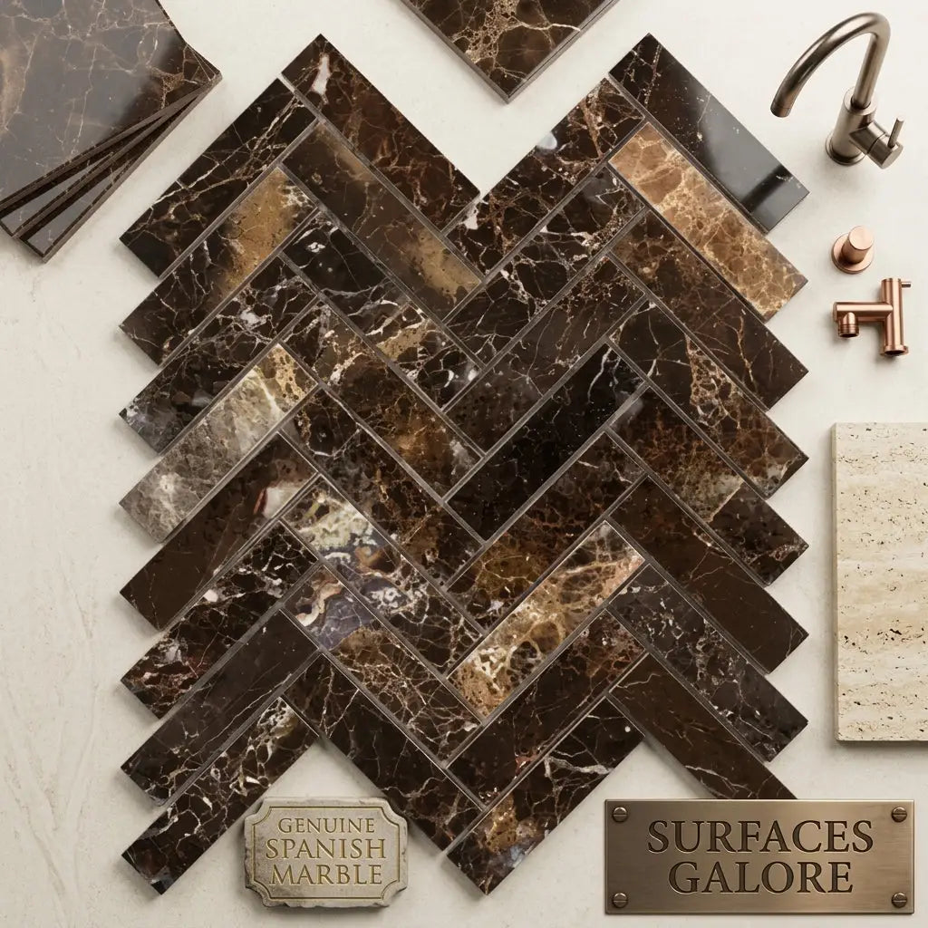 Emperador dark marble 1x4 herringbone mosaic polished dark brown spanish marble tiles with golden veining arranged in herringbone pattern