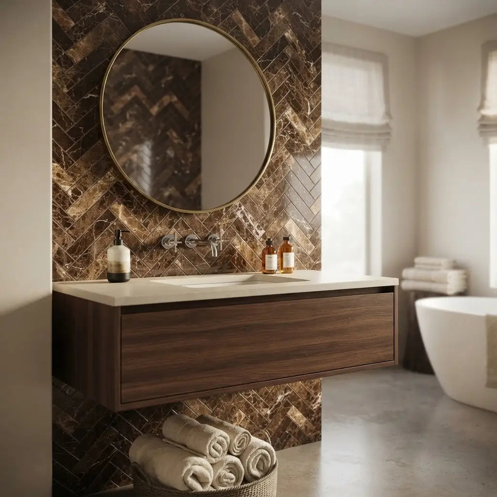 Round gold-framed mirror above dark wood vanity with emperador dark marble 1x4 herringbone mosaic polished backsplash