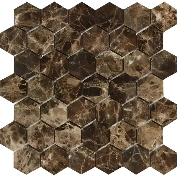 Emperador Dark Marble 2 Inch Hexagon Mosaic Polished Brown Marble Tiles Display