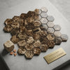 Hexagonal Emperador Dark marble mosaic tiles with rich brown and beige veining polished for elegant surfaces