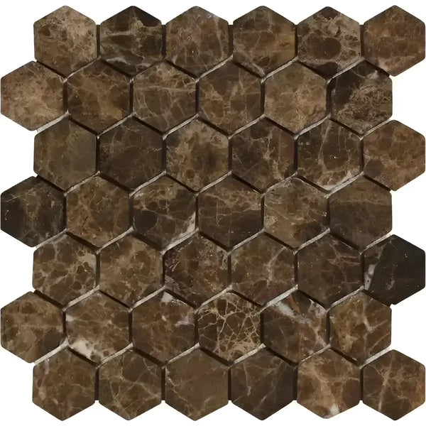 Brown marble hexagon tiles in Emperador Dark Marble 2 Inch Hexagon Mosaic Tumbled design