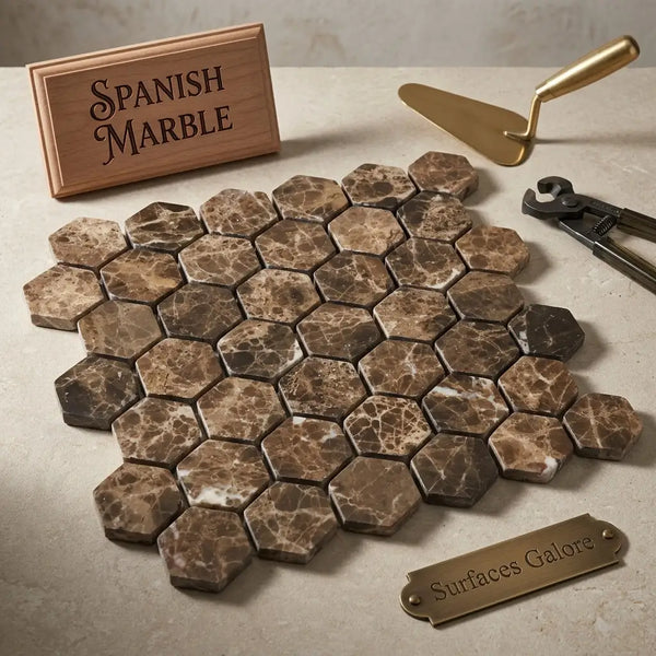 Emperador dark marble 2 inch hexagon mosaic tumbled tiles in brown spanish marble with natural veining pattern