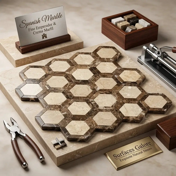 Hexagonal spanish marble mosaic tiles in beige and brown veined emperador dark marble 2 inch vortex hexagon polished