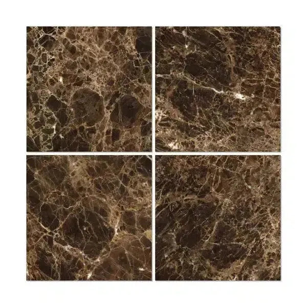 Four brown marble tiles of Emperador Dark Marble 24X24 Polished showcasing elegance
