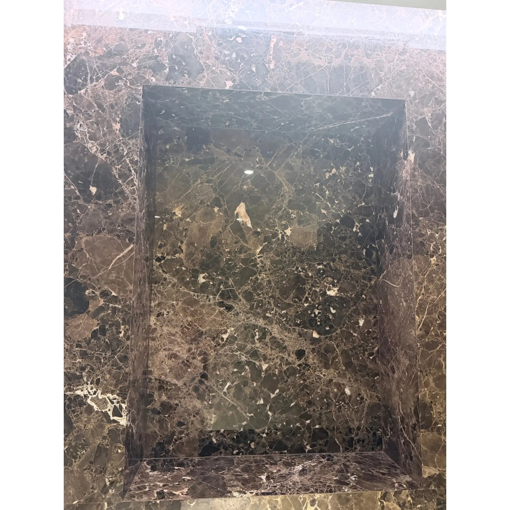 Emperador Dark Marble 24x24 Polished recessed shelf with golden veining