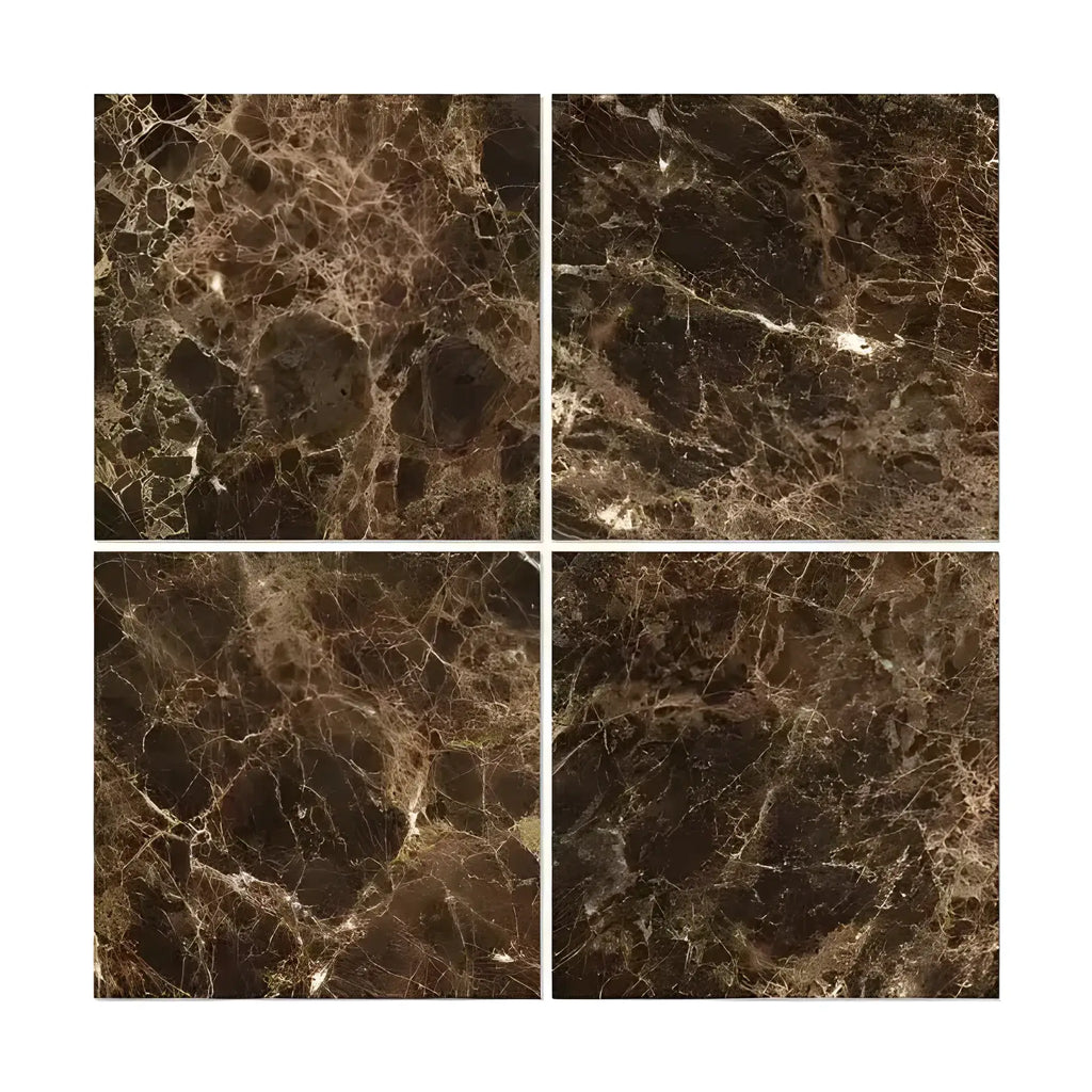 Four brown marble tiles of Emperador Dark Marble 24X24 Polished showcasing elegance