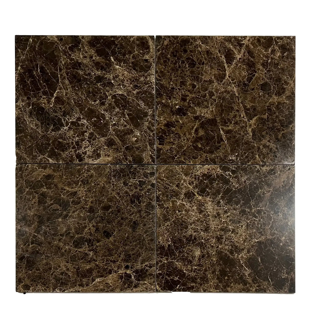 Four brown marble tiles from the Emperador Dark Marble 24X24 Polished collection