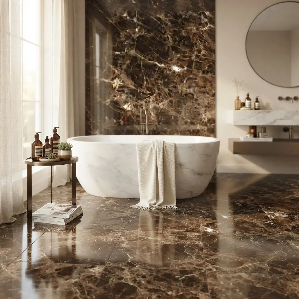 White marble freestanding bathtub with a draped beige towel showcasing Emperador Dark Marble 24x24 polished tile