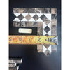 Emperador Dark Marble 2x12 Bias Border mosaic tile corner piece with Crema Marfil dots