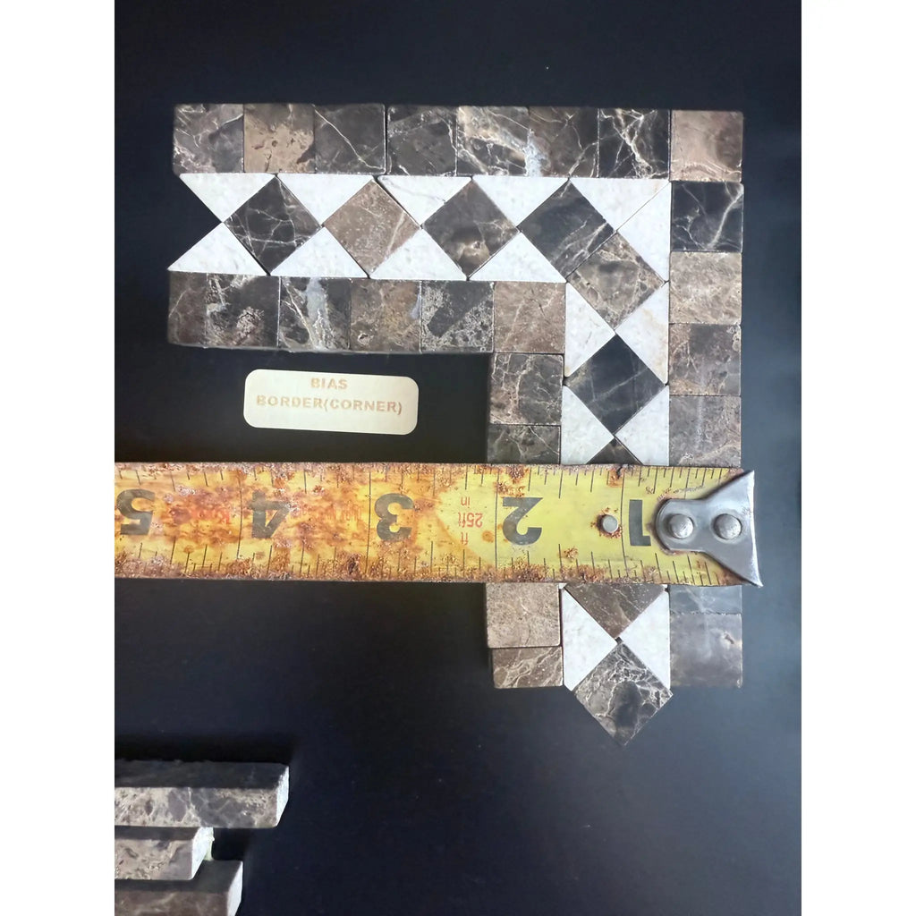 Emperador Dark Marble 2x12 Bias Border mosaic tile corner piece with Crema Marfil dots