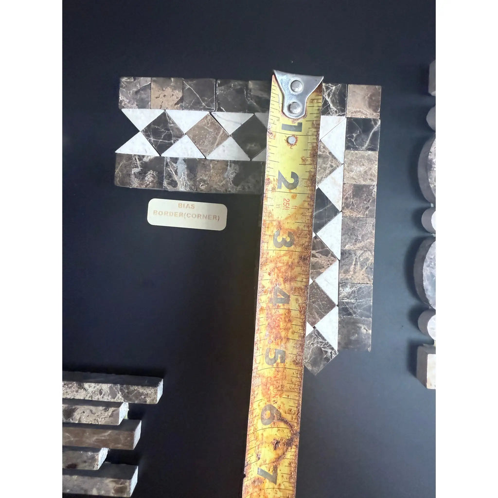 Emperador Dark Marble 2x12 Bias Border with Crema Marfil Dots and tape measure