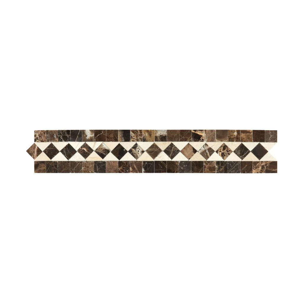 Decorative marble tile border featuring Emperador Dark Marble and Crema Marfil dots