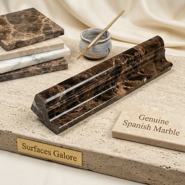 A sleek dark brown emperador marble pen holder with elegant veining and a polished finish for desk use