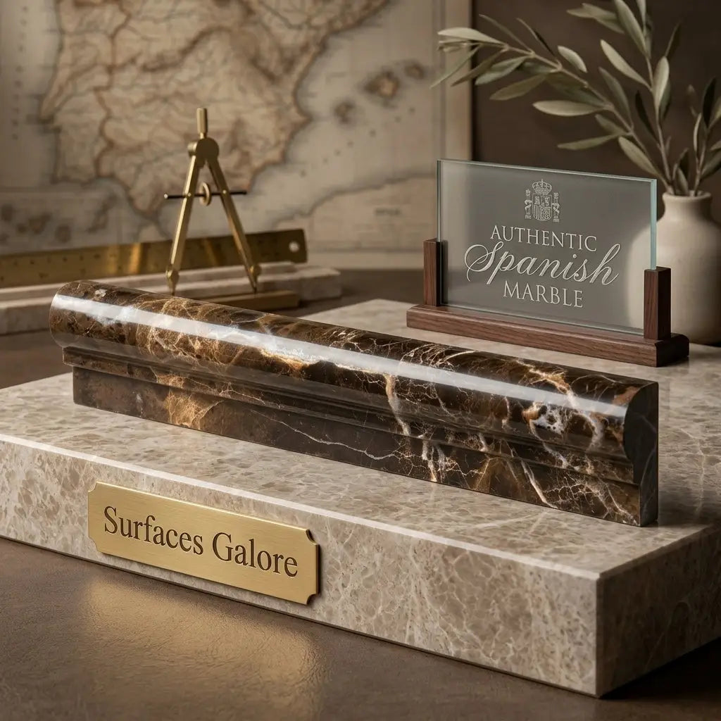 A polished dark brown emperador marble 2x12 single-step chair rail trim with golden veining on matching pedestal
