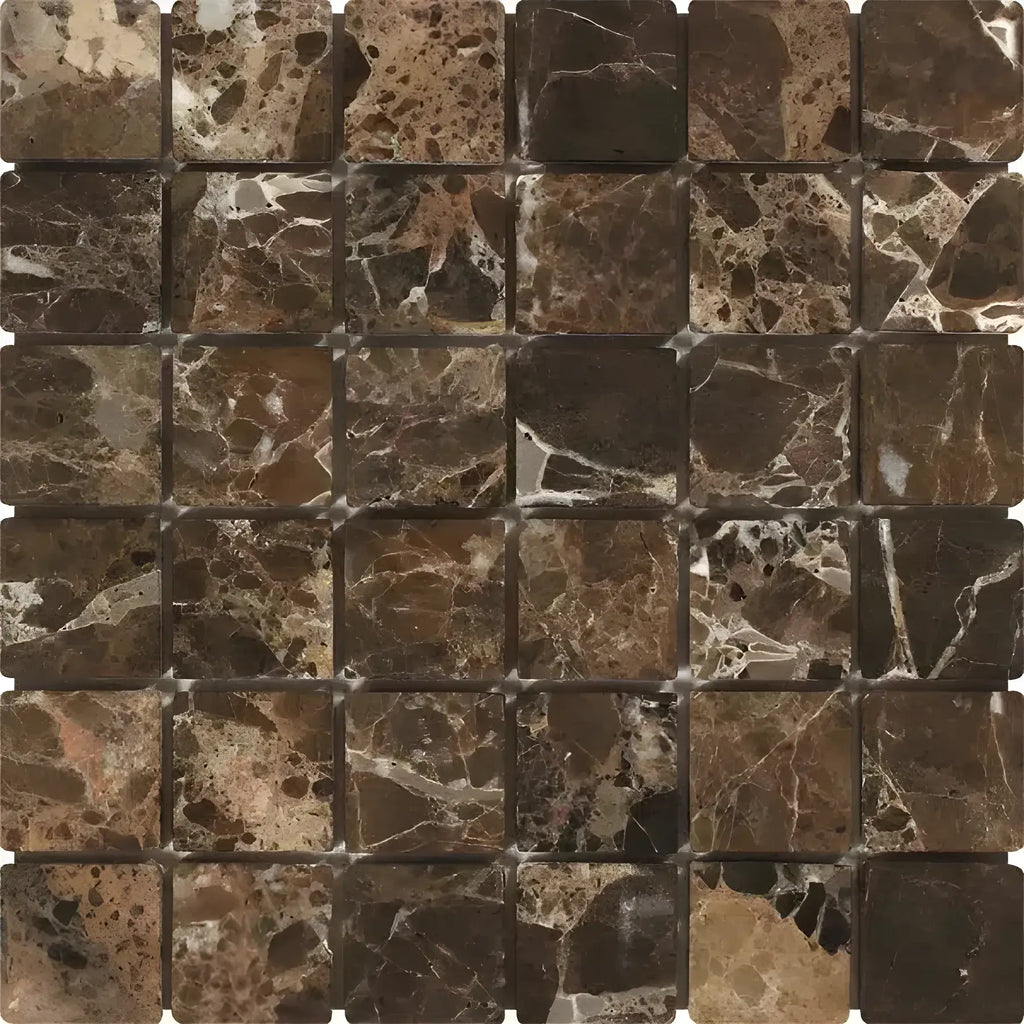 Brown marble mosaic tile sheet featuring Emperador Dark Marble 2X2 Mosaic Tumbled