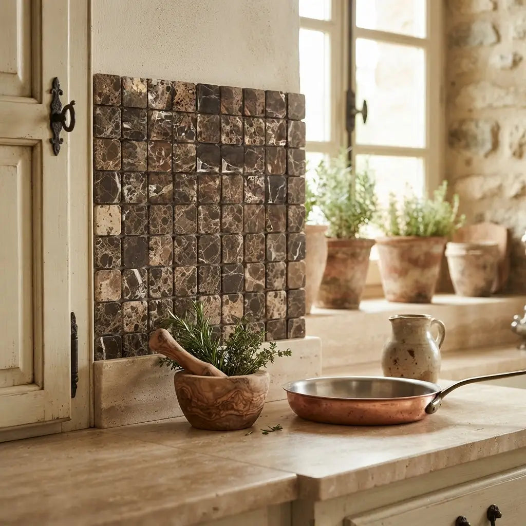 Brown emperador dark marble 2x2 mosaic tumbled tile backsplash with a polished marble mosaic pattern