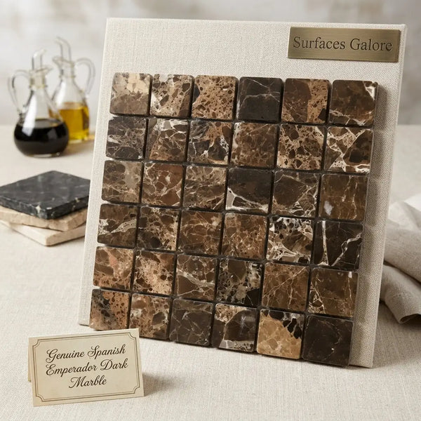 Emperador dark marble 2x2 mosaic tumbled tile panel with genuine Spanish dark marble featuring rich brown and black veining
