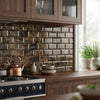 Brown and beige polished emperador dark marble 2x4 subway tiles with a deep beveled glossy backsplash finish