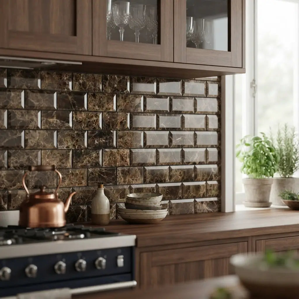 Brown and beige polished emperador dark marble 2x4 subway tiles with a deep beveled glossy backsplash finish
