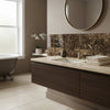 Dark brown wood vanity with light beige stone countertop and integrated sink featuring emperador dark marble 2x4 brick mosaic polished