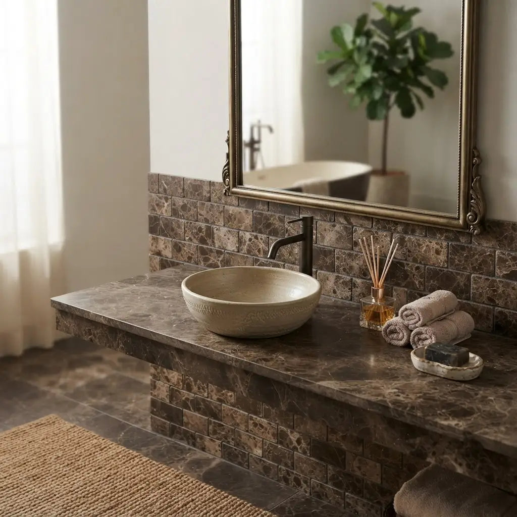 Beige stone vessel sink with subtle engraved pattern paired with emperador dark marble 2x4 brick mosaic tumbled tile