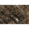 Brown marble brick mosaic featuring Emperador Dark Marble 2X4 Tumbled finish