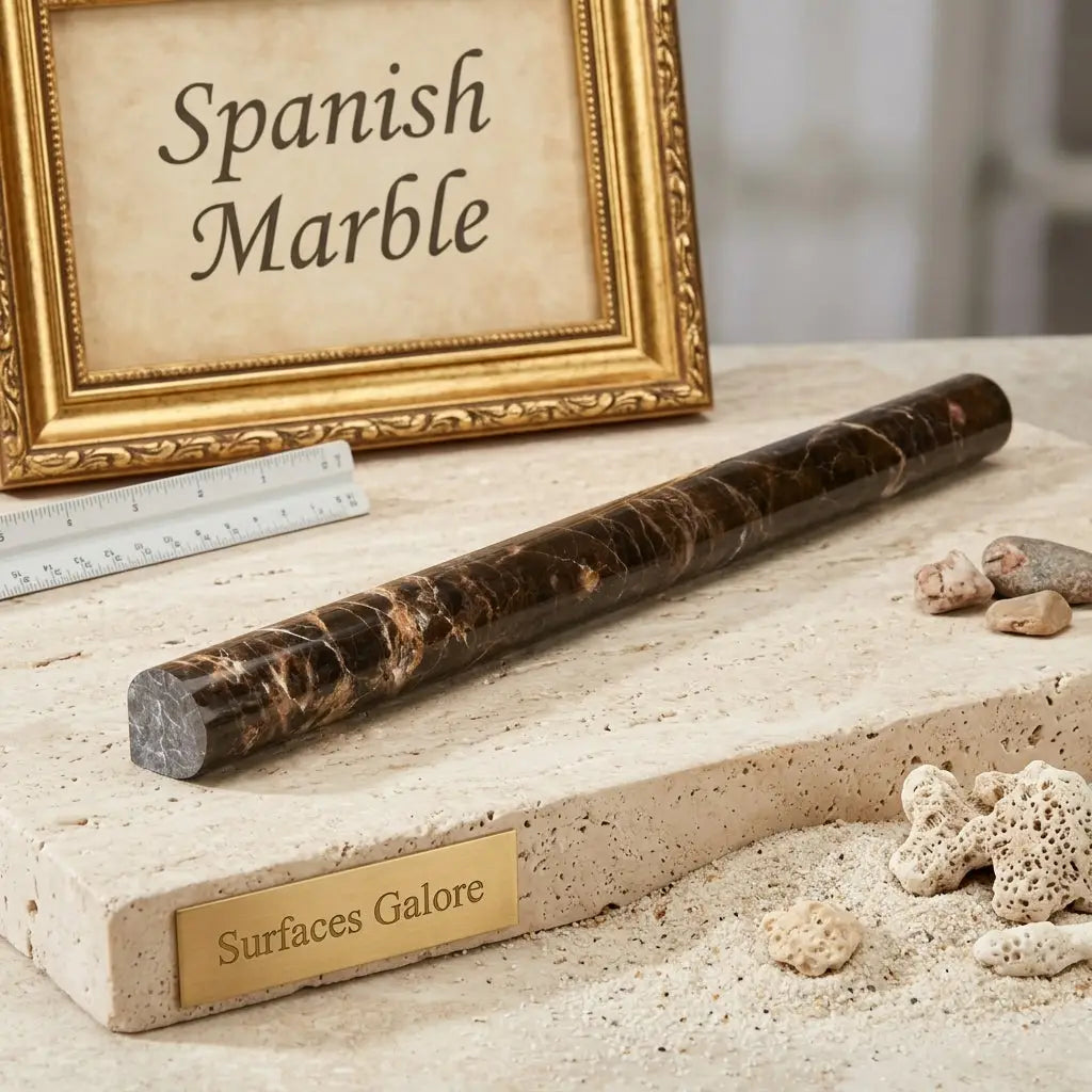 A polished dark brown emperador marble rolling pin with swirling golden veining and a bullnose liner edge