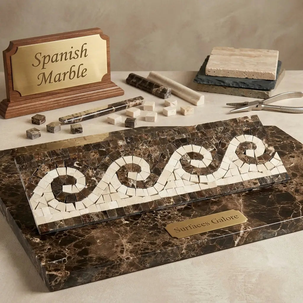 A rectangular Emperador dark marble wave border mosaic with swirling white and dark brown tiles on a matching base