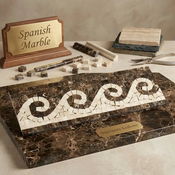 A rectangular Emperador dark marble wave border mosaic with swirling white and dark brown tiles on a matching base