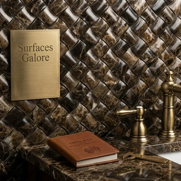 Brown leather-bound book with embossed gold lettering and circular seal for emperador dark marble 3d small-bread mosaic polished