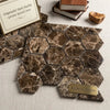Emperador dark marble 3 inch hexagon mosaic polished tiles in dark brown with beige and cream veining by surfaces galore