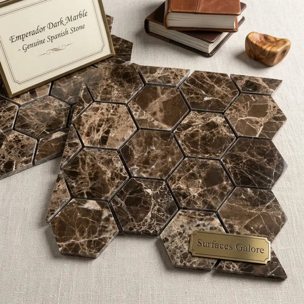 Emperador dark marble 3 inch hexagon mosaic polished tiles in dark brown with beige and cream veining by surfaces galore