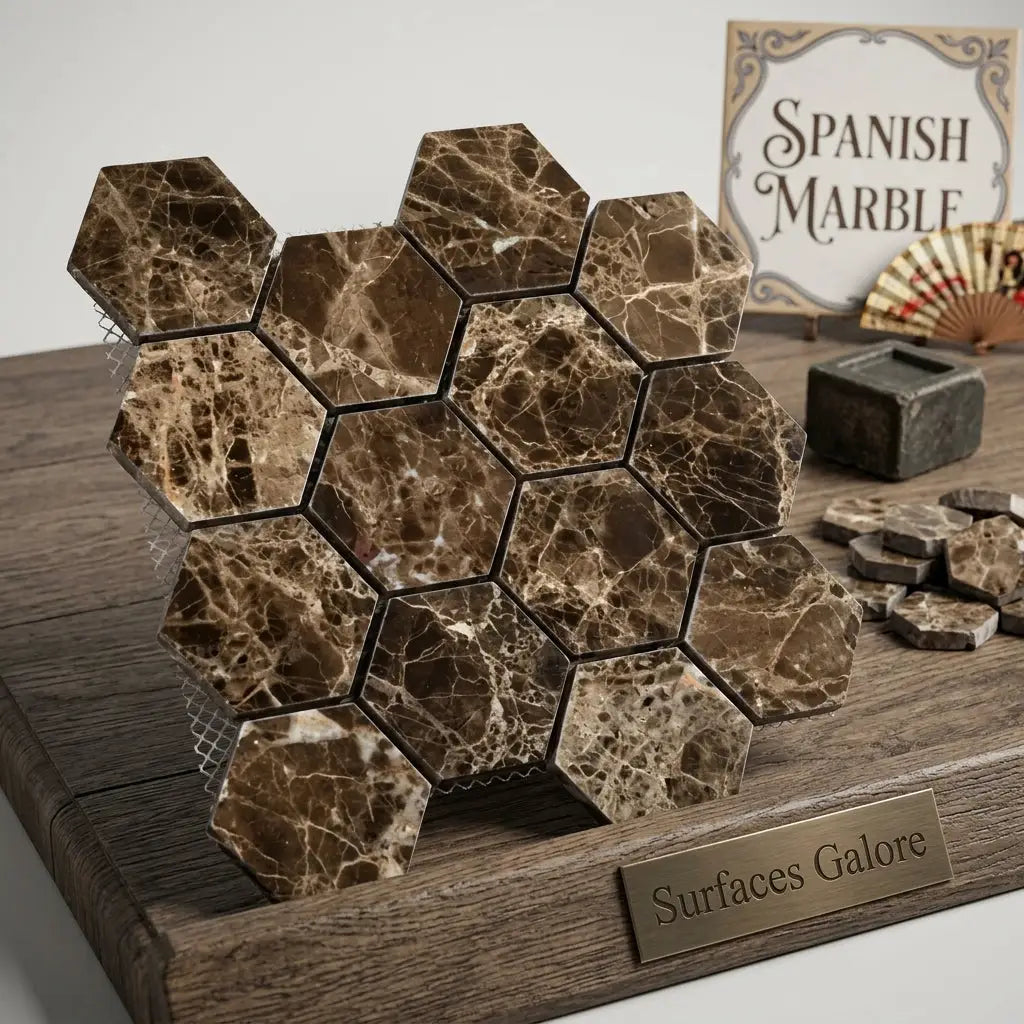 Emperador Dark Marble 3 inch hexagon mosaic tile set in brown Spanish marble with natural veining and polished finish