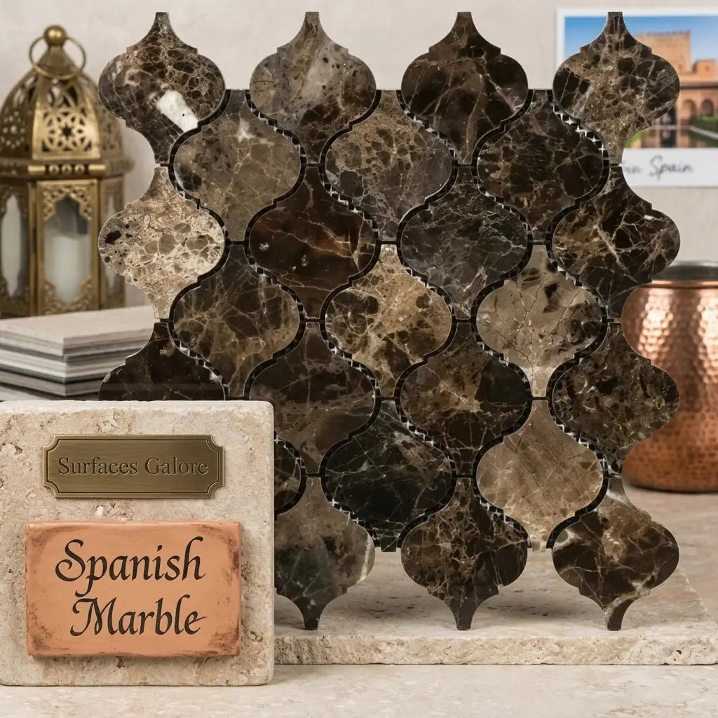 Emperador dark marble 3 inch lantern mosaic polished tiles with dark brown quatrefoil patterns and natural veining