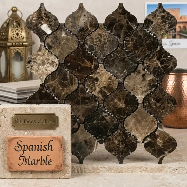 Emperador dark marble 3 inch lantern mosaic polished tiles with dark brown quatrefoil patterns and natural veining